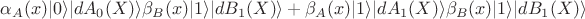 $\alpha_{A}(x)\vert 0 \rangle\vert dA_{0}(X)\rangle\beta_{B}(x) \vert 1\rangle \vert dB_{1}(X)\rangle  + \beta_{A}(x) \vert 1\rangle \vert dA_{1}(X)\rangle\beta_{B}(x) \vert 1\rangle \vert dB_{1}(X)\rangle  $