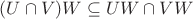 $(U\cap V)W\subseteq UW\cap VW$