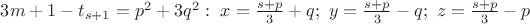$3m+1-t_{s+1}=p^2+3q^2:\ x=\frac{s+p}{3}+q;\ y=\frac{s+p}{3}-q;\ z=\frac{s+p}{3}-p$