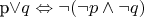 p\lor q \Leftrightarrow \lnot (\lnot p \land \lnot q)$