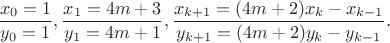 $\dfrac{x_0=1}{y_0=1},\dfrac{x_1=4m+3}{y_1=4m+1},\dfrac{x_{k+1}=(4m+2)x_k-x_{k-1}}{y_{k+1}=(4m+2)y_k-y_{k-1}}.$