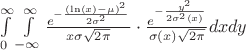 $ \int\limits_{0}^{\infty} \int\limits_{-\infty}^{\infty}\frac{e^{-\frac{(\ln(x)-\mu)^2}{2\sigma^2}}}{x\sigma\sqrt{2\pi}}\cdot\frac{e^{-\frac{y^2}{2\sigma^2(x)}}}{\sigma(x)\sqrt{2\pi}}dxdy$