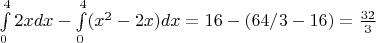 $\int\limits_{0}^{4}2xdx - \int\limits_{0}^{4}(x^2-2x)dx=16-(64/3-16)=\frac{32}3$