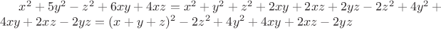 $x^2+5y^2-z^2+6xy+4xz=x^2+y^2+z^2+2xy+2xz+2yz-2z^2+4y^2+4xy+2xz-2yz=(x+y+z)^2-2z^2+4y^2+4xy+2xz-2yz$