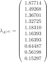 $\left \lambda _{A^{\left( d \right)} }  = \left (  \begin{array} {1} {1.87714}& {1.49268}& {1.36701}& {1.32725}& {1.18310}& {1.16393}& {1.16393}& {0.64487}& {0.56198}& {0.15297}\end{array} \right ) $
