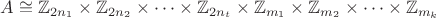 $$A\cong \mathbb{Z}_{2n_1} \times \mathbb{Z}_{2n_2} \times \dots \times \mathbb{Z}_{2n_t}\times \mathbb{Z}_{m_1} \times \mathbb{Z}_{m_2} \times \dots \times \mathbb{Z}_{m_k}$