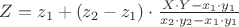 $Z = z_1 + (z_2 - z_1) \cdot \frac{X \cdot Y - x_1 \cdot y_1}{x_2 \cdot y_2 - x_1 \cdot y_1} $Z = z_1 + (z_2 - z_1) \cdot \frac{X \cdot Y - x_1 \cdot y_1}{x_2 \cdot y_2 - x_1 \cdot y_1}