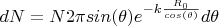 $dN=N2\pi sin(\theta)e^{-k\frac{R_0}{cos(\theta)}} d\theta$
