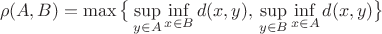 $$\rho(A,B)=\max\big\{\sup_{y\in A}\inf_{x\in B}d(x,y),\,\sup_{y\in B}\inf_{x\in A}d(x,y)\big\}$$