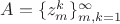 $A = \{z_m^k\}_{m,k=1}^{\infty}$