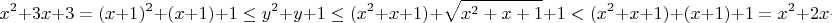 $$x^2+3x+3 = (x+1)^2+(x+1)+1 \leq y^2+y+1 \leq (x^2+x+1)+\sqrt{x^2+x+1}+1 < (x^2+x+1)+(x+1)+1 = x^2+2x+3.$$