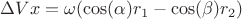 $\Delta Vx=\omega (\cos(\alpha)r_1-\cos(\beta)r_2)$