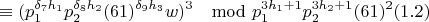 $$\equiv(p_1^{\delta_7h_1}p_2^{\delta_8h_2}(61)^{\delta_9h_3}w)^3\mod p_1^{3h_1+1}p_2^{3h_2+1}(61)^2 (1.2)$$