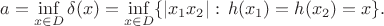 $$
a=\inf_{x\in D}\delta(x)=\inf_{x\in D}\{|x_1x_2|:\,h(x_1)=h(x_2)=x\}.
$$