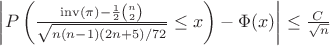 $\left| P\left( \frac{\mathrm{inv}(\pi)-\frac 12{n\choose 2}}{\sqrt{n(n-1)(2n+5)/72}}\leq x\right)-\Phi(x)\right| \leq \frac{C}{\sqrt{n}}$