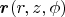 $\boldsymbol r(r,z,\phi)$