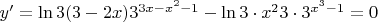 $y'=\ln 3 (3-2x) 3^{3 x -x^2-1}-\ln 3\cdot x^2 3\cdot 3^{x^3-1}=0$