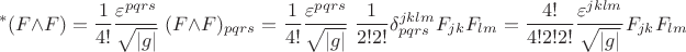 $${}^*(F\wedge F)=\frac 1{4!}\frac{\varepsilon^{pqrs}}{\sqrt{|g|}}\;(F\wedge F)_{pqrs}=\frac 1 {4!}\frac{\varepsilon^{pqrs}}{\sqrt{|g|}}\;\frac 1{2!2!}\delta_{pqrs}^{jklm}F_{jk}F_{lm}=\frac{4!}{4!2!2!}\frac{\varepsilon^{jklm}}{\sqrt{|g|}}F_{jk}F_{lm}$$