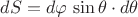 $dS=d\varphi\,\sin\theta\cdot d\theta$