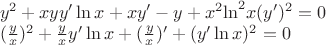 $\[\begin{array}{l}
{y^2} + xyy'\ln x + xy' - y + {x^2}{\ln ^2}x{(y')^2} = 0\\
{(\frac{y}{x})^2} + \frac{y}{x}y'\ln x + (\frac{y}{x})' + {(y'\ln x)^2} = 0
\end{array}\]$
