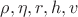 $\rho, \eta, r, h, v$