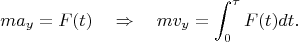 $$
ma_{y}=F(t)\quad \Rightarrow\quad mv_y=\int_0^{\tau}F(t)dt.
$$