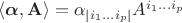 $\langle\boldsymbol{\alpha},\mathbf{A}\rangle=\alpha_{|i_1\ldots i_p|}A^{i_1\ldots i_p}$