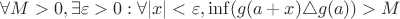 \forall M>0, \exists \varepsilon > 0: \forall |x| < \varepsilon, \inf(g(a+x) \triangle g(a)) > M$