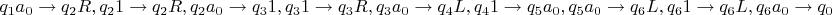 $$
\eqalign{
  & q_1 a_0  \to q_2 R,q_2 1 \to q_2 R,q_2 a_0  \to q_3 1,q_3 1 \to q_3 R,q_3 a_0  \to q_4 L,  \cr 
  & q_4 1 \to q_5 a_0 ,q_5 a_0  \to q_6 L,q_6 1 \to q_6 L,q_6 a_0  \to q_0 a_0  \cr} 
$$