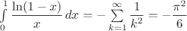 $\int\limits_0^1\dfrac{\ln (1-x)}{x}\,dx=-\sum\limits_{k=1}^{\infty}\dfrac{1}{k^2}=-\dfrac{\pi^2}{6}$