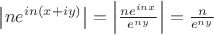 $\left\lvert ne^{in(x+iy)}\right\rvert=\left\lvert \frac{ne^{inx}}{e^{ny}}\right\rvert=\frac{n}{e^{ny}}$