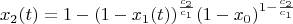 $$x_2(t)=1-(1-x_1(t))^{\frac{c_2}{c_1}} (1-x_0)^{1-\frac{c_2}{c_1}}$$