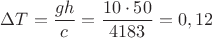 $\Delta T=\dfrac{gh}{c}=\dfrac{10\cdot 50}{4183}=0,12$