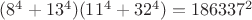 $(8^4+13^4)(11^4+32^4)=186337^2$