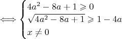 $\Longleftrightarrow \begin{cases}
4a^2-8a+1\geqslant 0\\
\sqrt{4a^2-8a+1}\geqslant 1-4a\\
x\neq 0\\
\end{cases}$