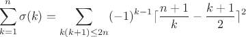 $$\sum\limits_{k=1}^n\sigma(k)=\sum_{k(k+1)\le 2n}(-1)^{k-1}\lceil\frac{n+1}{k}-\frac{k+1}{2}\rceil^2$$