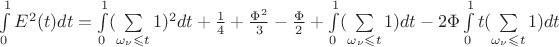 $\int\limits_{0}^{1}E^2(t)dt=\int\limits_{0}^{1}(\sum\limits_{\omega_\nu \leqslant t}1)^2dt+\frac{1}{4}+\frac{\Phi^2}{3}-\frac{\Phi}{2}+\int\limits_{0}^{1}(\sum\limits_{\omega_\nu \leqslant t}1)dt -2\Phi\int\limits_{0}^{1}t(\sum\limits_{\omega_\nu \leqslant t}1)dt$