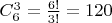 $C_6^3=\frac{6!}{3!}=120$