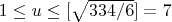 $ 1 \le u \le [\sqrt{334/6}] = 7 $