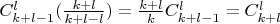 $C _{k+l-1} ^l (\frac {k+l}{k+l-l}) = \frac {k+l}{k}  C _{k+l-1} ^l  = C _{k+l} ^l