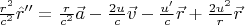 $\frac{r^2}{c^2}\hat{r}'' = \frac{r}{c^2}\vec{a} - \frac{2 u}{c} \vec{v} - \frac{u'}{c}\vec{r} + \frac{2 u^2}{r}\vec{r} $