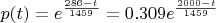 $p(t) = e^{\frac{286-t}{1459}} = 0.309e^{\frac{2000-t}{1459}}$