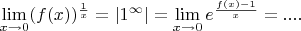 $\lim\limits_{x\to 0}(f(x))^{\frac1{x}}=|1^{\infty}|=\lim\limits_{x\to 0}e^{\frac{f(x)-1}{x}}=....$