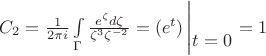 $C_2  = \frac{1}{{2\pi i}}\int\limits_\Gamma  {\frac{{e^\zeta  d\zeta }}{{\zeta ^3 \zeta ^{ - 2} }}}  = \left( {e^t } \right)\left| \begin{gathered} \hfill \\ t = 0 \hfill \\\end{gathered} \right. = 1$