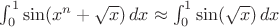 $\int_0^1 \sin(x^n+\sqrt{x})\,dx\approx\int_0^1 \sin(\sqrt{x})\,dx$