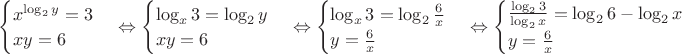 $\begin{cases}
x^{\log_2{y}}=3\\
xy=6
\end{cases} \Leftrightarrow 
\begin{cases}
\log_x{3}=\log_2{y}\\
xy=6
\end{cases} \Leftrightarrow
\begin{cases}
\log_x{3}=\log_2{\frac{6}{x}}\\
y=\frac{6}{x}
\end{cases} \Leftrightarrow
\begin{cases}
\frac{\log_2{3}}{\log_2{x}}=\log_2{6}-\log_2{x}\\
y=\frac{6}{x}
\end{cases} $