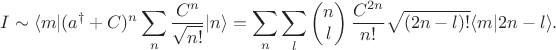 $$
I \sim \langle m| (a^\dagger + C)^n  \sum_n \frac{C^n}{\sqrt{n!}} | n\rangle = \sum_n \sum_l 
\begin{pmatrix}
n \\ l
\end{pmatrix}
\frac{C^{2n}}{n!}\sqrt{(2n-l)!}\langle m|2n-l \rangle.
$$