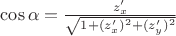 $\cos\alpha=\frac {z'_x}{\sqrt{1+(z'_x)^2+(z'_y)^2}}$