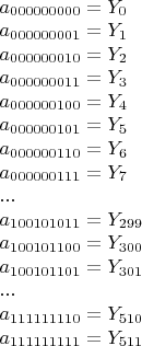 $\begin{array}{l}a_{000000000}=Y_0 \\a_{000000001}=Y_1 \\a_{000000010}=Y_2 \\a_{000000011}=Y_3 \\a_{000000100}=Y_4 \\a_{000000101}=Y_5\\a_{000000110}=Y_6 \\a_{000000111}=Y_7 \\...\\a_{100101011}=Y_{299} \\a_{100101100}=Y_{300} \\a_{100101101}=Y_{301} \\...\\a_{111111110}=Y_{510} \\a_{111111111}=Y_{511}\end{array}$
