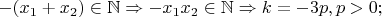$-(x_1+x_2)\in \mathbb{N}\Rightarrow-x_1x_2\in\mathbb{N}\Rightarrow k=-3p,p>0;$